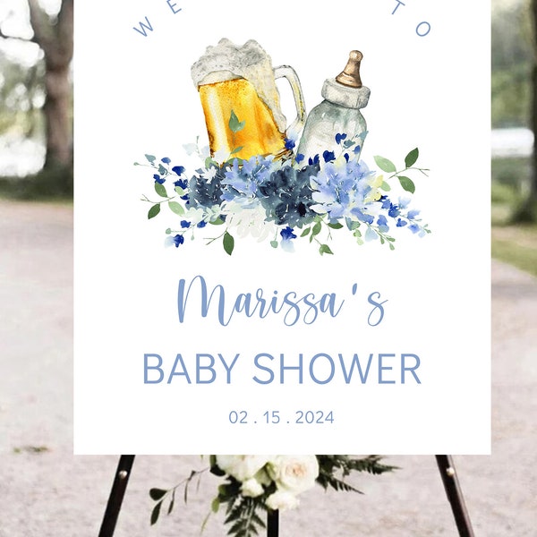 A Sweet Baby Boy is Brewing Welcome to Baby Shower Sign Poster Boy Baby Shower Bottle Beer Stein Blue Floral EDITABLE INSTANT DOWNLOAD abb