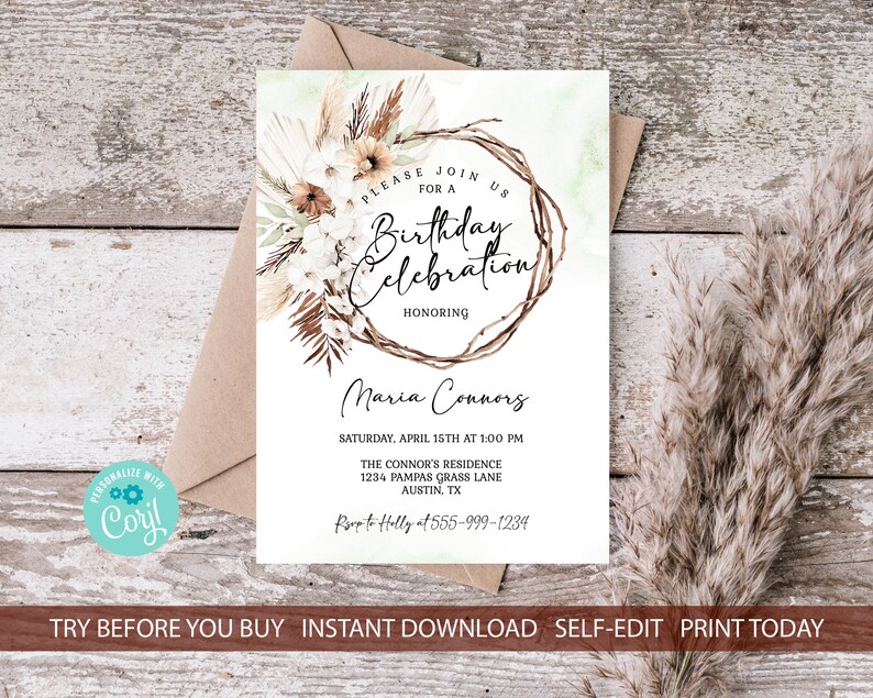 Pampas Grass Boho Birthday Celebration Invitation Template Boho Blush Floral Birthday Any Age EDITABLE INSTANT DOWNLOAD Printable pg image 2