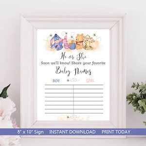 Winnie the Pooh and Friends Favorite Baby Name Template Winnie Pooh Gender Reveal He or She INSTANT DOWNLOAD Printable Template hp