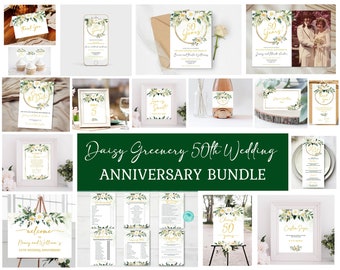 Greenery Daisy 50th Wedding Anniversary Party Bundle Template Golden Anniversary Eucalyptus Daisies EDITABLE INSTANT DOWNLOAD Printable gd