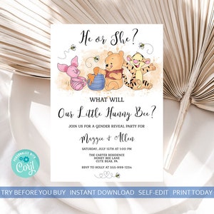Winnie Pooh Gender Reveal Invitation Template (Digital Download)