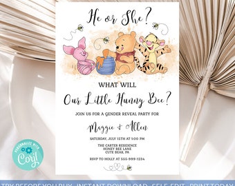 Winnie Pooh Gender Reveal Invitation Template (Digital Download)