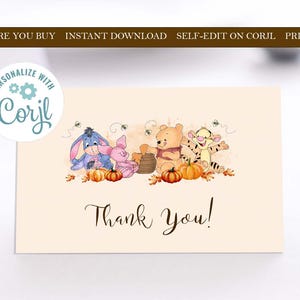 Modello di biglietto di ringraziamento autunnale di Winnie the Pooh Una piccola zucca doccia/evento di compleanno Grazie al download immediato modificabile Scheda stampabile hp
