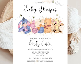 May include: Baby shower invitation featuring Winnie the Pooh characters: Eeyore, Piglet, Winnie the Pooh, and Tigger. The invitation includes the text "Baby Shower", the name "Emily Carter", and event details. The design has watercolor accents and bee illustrations.