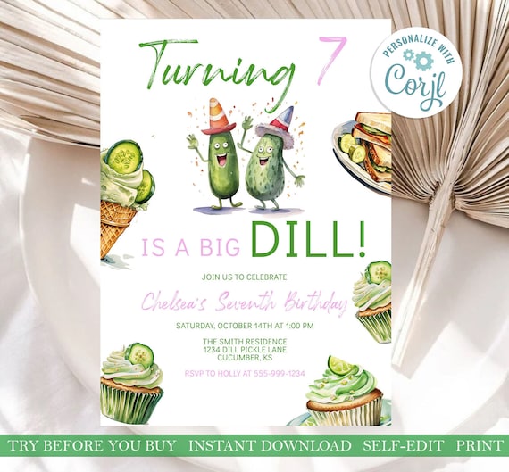 Dill Pickle Birthday Invitation Template, Funny Pickle Theme (EDITABLE, Instant Download)