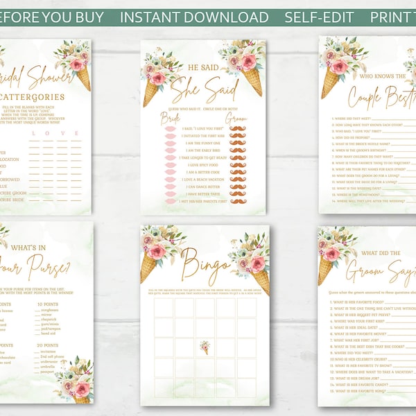 She's Been Scooped Up Bridal Shower 6 Game Templates Ice Cream Cone Theme Bridal Shower Pastel Floral EDITABLE INSTANT DOWNLOAD Printable su