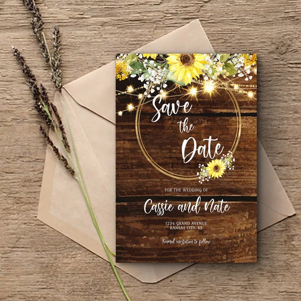 Rustic Sunflower Save the Date Invitation, Barn Wood Lights (Digital Download) a03