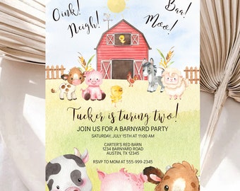 Farm Animals 2nd Birthday Invitation Template (Digital Download)