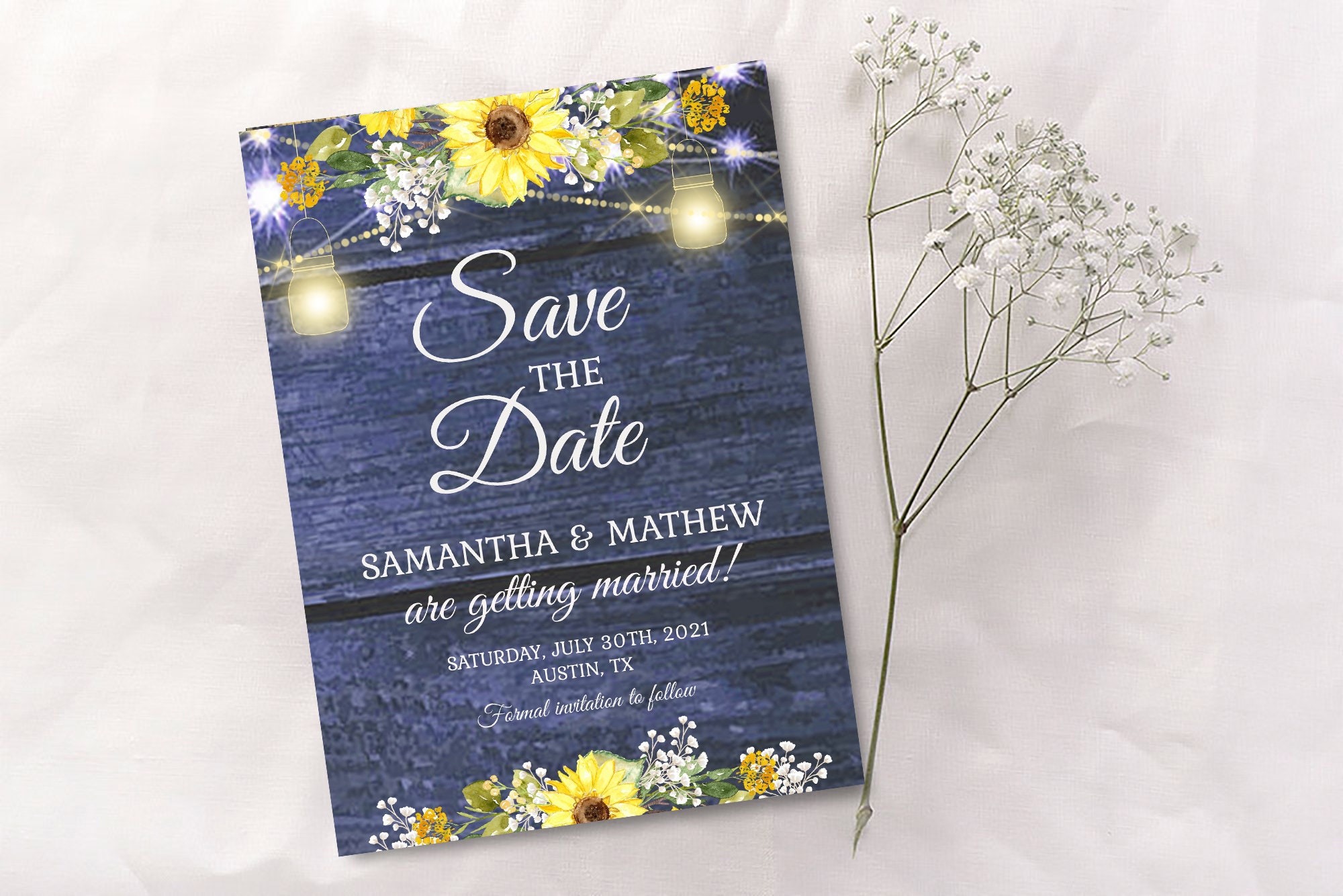 Rustic Blue Sunflower Save the Date Template Rustic Navy | Etsy
