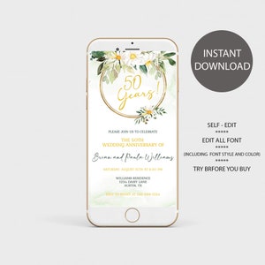 Daisy Greenery Wedding Anniversary Electronic Invitation Template Smartphone Evite 50th Golden Wedding Party Editable Instant Download gd