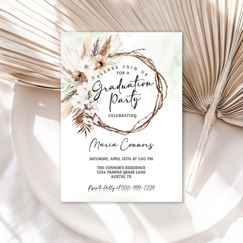 Boho Graduation Party Celebration Invitation Template Pampas Etsy