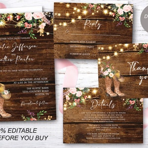 Rustic Cowgirl Wedding 4 Card Invitation Template Western Cowboy Boots Fairy Lights Blush Pink Floral EDITABLE INSTANT DOWNLOAD pcc