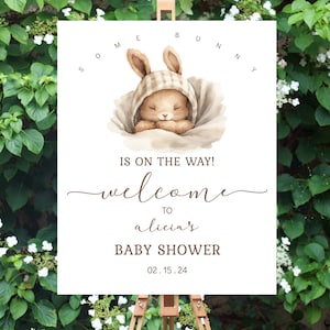 K&ouml;nnte beinhalten: Ein wei&szlig;es Schild mit einer braunen Hasenillustration und dem Text "Some Bunny is on the way! Welcome to Alicia's Baby Shower 02.15.24".