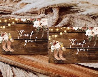 Rustic Boho Cowgirl/Boy Boot Thank You Card Template Boho Rust Cream Floral Fairy Lights Any Event Thank You EDITABLE INSTANT DOWNLOAD rb