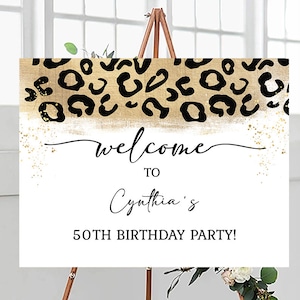 50e verjaardag Welkom bij partij teken sjabloon Leopard Print Fifty & Fabulous verjaardagsfeestje Leopard Print thema BEWERKBARE INSTANT DOWNLOAD ff
