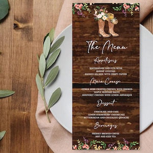 Rustic Floral Cowgirl Wedding/Shower/Birthday Menu Template Cowboy Boot Fairy Lights Rustic Any Event EDITABLE INSTANT DOWNLOAD pcc