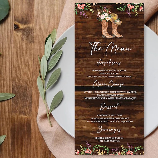 Rustic Floral Cowgirl Wedding/Shower/Birthday Menu Template Cowboy Boot Fairy Lights Rustic Any Event EDITABLE INSTANT DOWNLOAD pcc