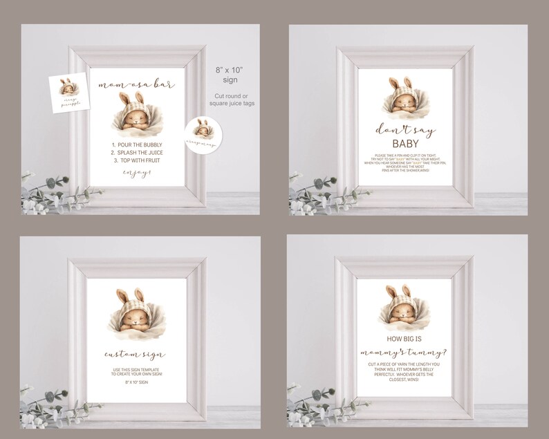 Pu&ograve; includere: Quattro cartelli stampabili per un baby shower. Ogni cartello presenta un adorabile coniglietto dei cartoni animati in una coperta. I cartelli includono istruzioni per un "bar di mom-osa", un gioco "non dire baby", un modello di "cartello personalizzato" e un gioco "quanto &egrave; grande la pancia di mamma?".