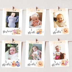 Hito mensual Banner del 1er cumpleaños Cumpleaños de Winnie the Pooh Fotos del 1er año Cumpleaños de nuestro pequeño cariño DESCARGA INSTANTÁNEA EDITABLE hp