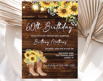 Editable Rustic Cowgirl Boot Sunflower 60th Birthday Invitation Template Any Age Birthday Fairy Lights INSTANT DOWNLOAD Printable Invite sb