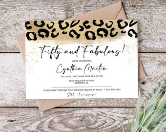 Leopard Print 50th Birthday Invitation, Golden Design (EDITABLE, INSTANT DOWNLOAD)