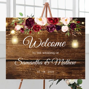Rustikal Bordeaux Willkommen zur Hochzeit Schild Vorlage Marsala Floral Fairy Lights Mason Jars Burgundy Wedding Poster EDITABLE INSTANT DOWNLOAD rb