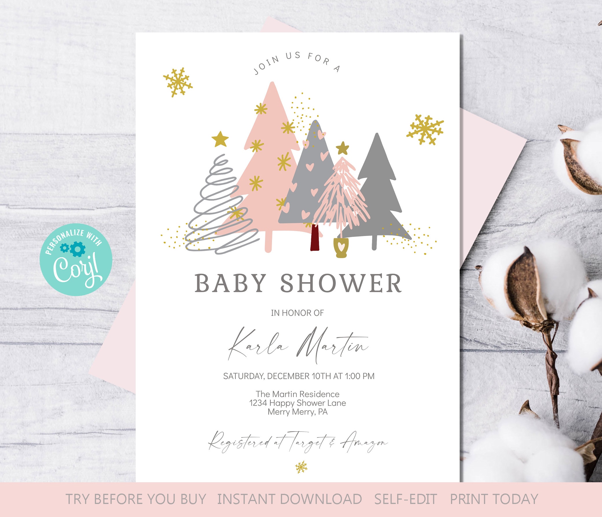 Invitación navideña para baby shower, árboles de invierno, baby shower ...