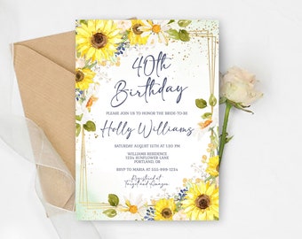 Editable Sunflower Daisy Adult Birthday Invitation Template, 40th Birthday Invite, Any Age Birthday, Instant Download sb