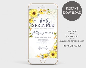 Sunflower Baby Sprinkle Baby Shower Electronic Invite Smartphone Evite Digital Template SMS Text Mobile Evite Editable INSTANT DOWNLOAD sb