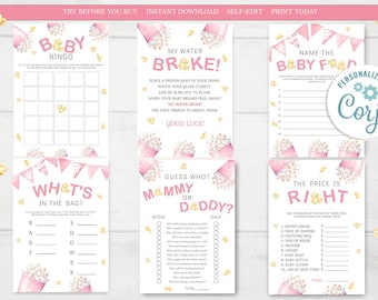 Puede incluir: Un conjunto de tarjetas de juego de baby shower imprimibles con un tema de palomitas de maíz rosa y dorado. Las tarjetas incluyen juegos como "Baby Bingo", "What's in the Bag?", "My Water Broke", "Guess Who? Mommy or Daddy", "Name the Baby Food", y "The Price is Right".