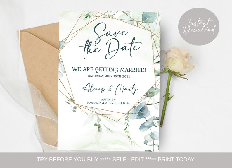 Eucalyptus Greenery Save the Date Card Template Dusty Blue Eucalyptus Wedding Announcement Boho Wedding 100/% EDITABLE INSTANT DOWNLOAD we