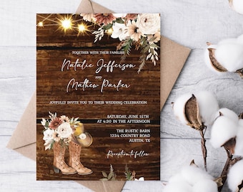 Rustic Boho Cowgirl/boy Wedding Invitation Template Western Wedding Cowboy Boots Boho Floral Cream Brown Floral EDITABLE INSTANT DOWNLOAD rb