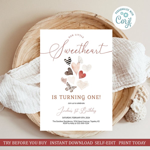 EDITABLE Our Little Sweetheart is Turning One 1st Birthday Invitation Template February Valentine Hearts Butterflyies INSTANT DOWNLOAD ls