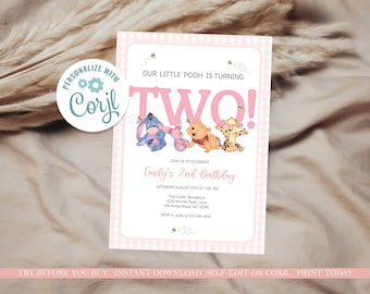 Plantilla de invitación para fiesta de cumpleaños de niña de Winnie Pooh (cumple dos años) - Cumpleaños de cualquier edad - EDITABLE - DESCARGA INSTANTÁNEA