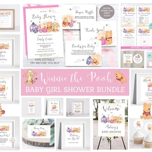 Editable Winnie the Pooh Girl Baby Shower Bundle Template Winnie Pooh It&#39;s a Girl Baby Shower Pink Honeypot Honeybees INSTANT DOWNLOAD hp
