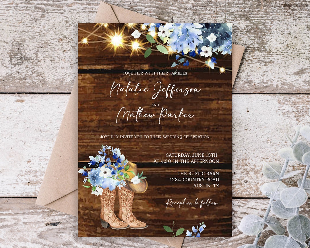 rustic-blue-floral-cowboy-boot-wedding-invitation-template-western-wedding-rustic-boho-fairy-light-gold-glitter-editable-instant-downloadrbc-etsy