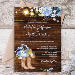 Rustic Blue Floral Cowboy Boot Wedding Invitation Template Western Wedding Rustic Boho Fairy Light Gold Glitter EDITABLE INSTANT DOWNLOADrbc