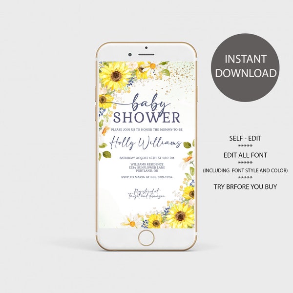 Sunflower Baby Shower Electronic Invitation Sunflower Smartphone Evite Digital Template SMS Text Mobile Evite Editable INSTANT DOWNLOAD sb