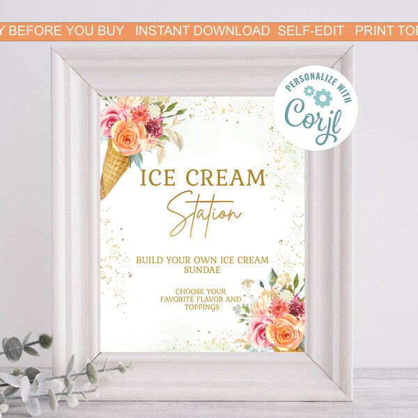 She's Been Scooped Up Bridal Shower Ice Cream Station Sign Template Coral Floral Cones Ice Cream Theme Shower EDITABLE INSTANT DOWNLOAD csu