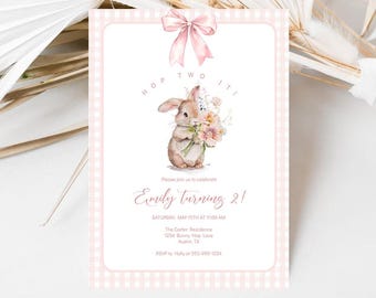 Bunny 2nd Birthday Invitation Template, Pink Bow (EDITABLE INSTANT DOWNLOAD)