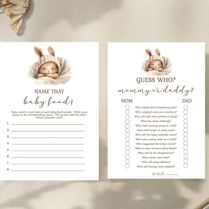 Może przedstawiać: Dwie drukowalne karty z grami na baby shower z uroczym kreskowym kr&oacute;liczkiem. Pierwsza karta to gra "Zgadnij, co to za jedzenie dla niemowląt!" z ośmioma pustymi liniami, na kt&oacute;rych gracze mogą zapisać swoje odpowiedzi. Druga karta to gra "Zgadnij, kto? Mama czy Tata?" z 10 pytaniami o przyszłych rodzic&oacute;w.