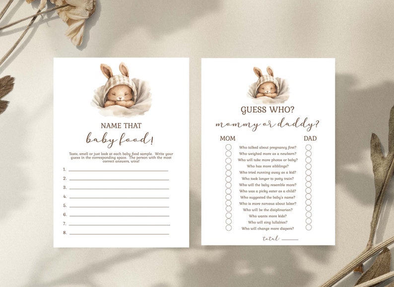 Może przedstawiać: Dwie drukowalne karty z grami na baby shower z uroczym kreskowym kr&oacute;liczkiem. Pierwsza karta to gra "Zgadnij, co to za jedzenie dla niemowląt!" z ośmioma pustymi liniami, na kt&oacute;rych gracze mogą zapisać swoje odpowiedzi. Druga karta to gra "Zgadnij, kto? Mama czy Tata?" z 10 pytaniami o przyszłych rodzic&oacute;w.