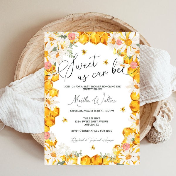 Sweet As Can Bee Baby Shower Invitation Template Oh Babee Shower Honeybee Shower Honeycomb Daisies 100% EDITABLE INSTANT DOWNLOAD bb