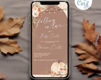 May include: A digital invitation for a baby shower with a fall theme. The invitation features a pumpkin, fall leaves, and the text "Falling in love with Baby Carter".
