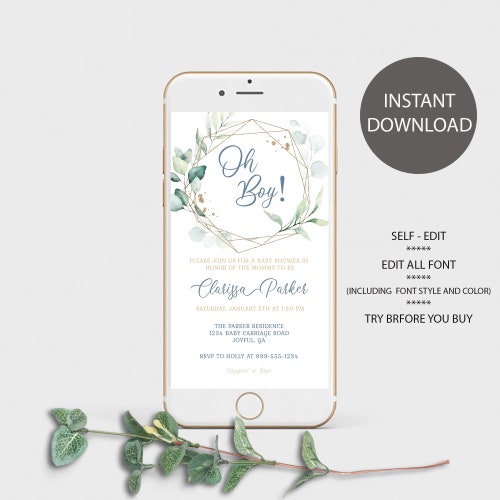 Greenery Oh Boy Baby Shower Evite Eucalyptus Baby Shower Etsy