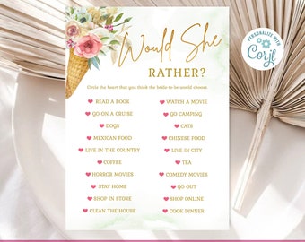 Would She Rather Bridal Shower Game Template She's Been Scooped Up Bridal Shower Ice Cream Theme Shower EDITABLE INSTANT DOWNLOAD su