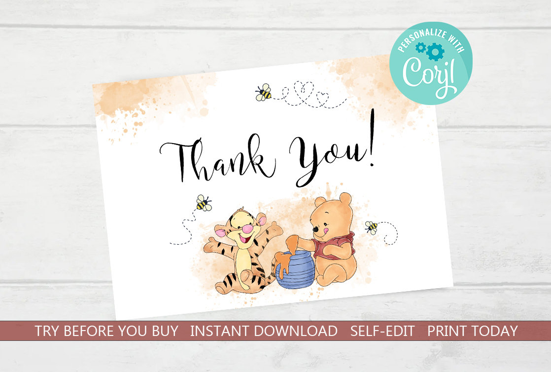 Winnie the Pooh Thank You Card, Baby Shower Birthday (EDITABLE