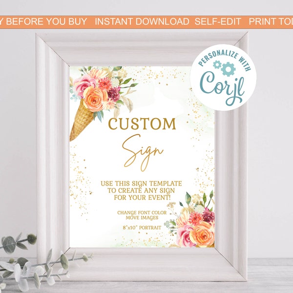 She's Been Scooped Up Bridal Shower Custom Sign Templates DIY Ice Cream Theme Shower Coral Orange Floral Cones EDITABLE Instant Download csu