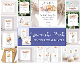 Puede incluir: Paquete de imprimibles para una fiesta de revelación de género de Winnie the Pooh con una variedad de artículos que incluyen invitaciones, juegos, decoraciones y letreros. El tema es Winnie the Pooh con tarros de miel, abejas y los personajes de Winnie the Pooh, Piglet y Tigger.