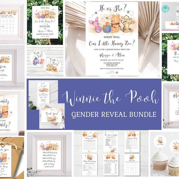 Winnie the Pooh Gender Reveal Bundle A Little Hunny is on the Way Reveal Winnie the Pooh Reveal EDITABLE INSTANT DOWNLOAD Printable hp